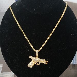 Gold Pistol Pendant Necklace  22 Inch